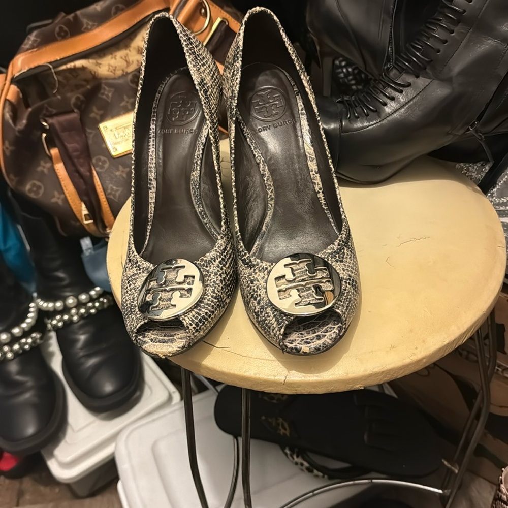 Tory Burch Heels Snake Skin Open Toe Slip On Wedge Pump Shoes Women's